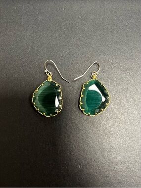Gold-Edged Green Teardrop Stone Dangle Earrings - Women Jewelry